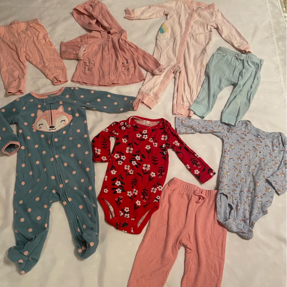 Baby Clothing Set with Prints and Solids, Mostly Carter’s, Size 9 Months